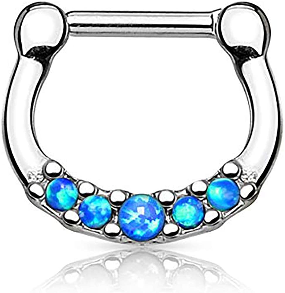 Forbidden Body Jewelry 16g Surgical Steel Bezel Set Opalite Septum Piercing Clicker Hoop Ring