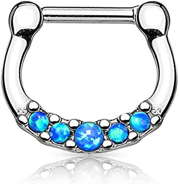 Forbidden Body Jewelry 16g Surgical Steel Bezel Set Opalite Septum Piercing Clicker Hoop Ring