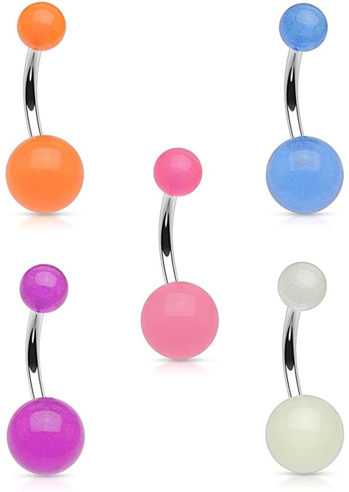 Forbidden Body Jewelry Value 5-Pack Glow in The Dark Surgical Steel Belly Rings (Purple, Blue, Orange, Pink, White)