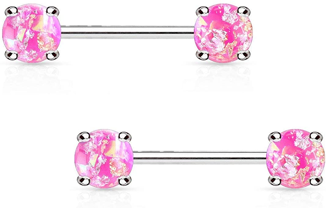 Forbidden Body Jewelry Pair of Surgical Steel 9/16 Inch (14mm) Glittery Faux Opal Stone Sexy Nipple Barbells