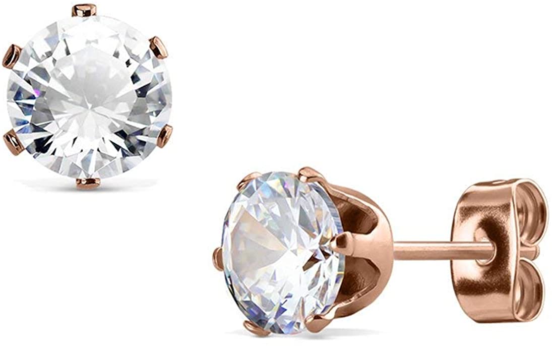 Rose Gold Plated Surgical Steel CZ Simulated Diamond Stud Earrings, 3mm-8mm