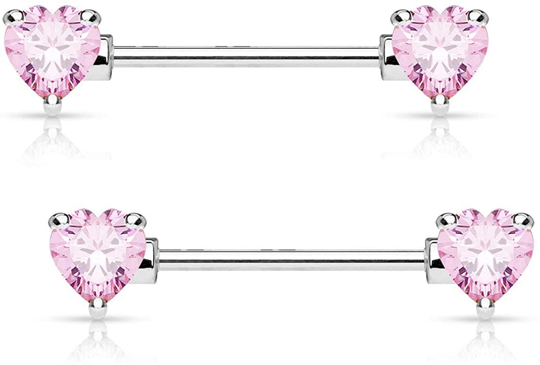 Forbidden Body Jewelry Pair of Surgical Steel 1/2-5/8 Inch (12-16mm) Cubic Zirconia Crystal Double Heart Nipple Barbells