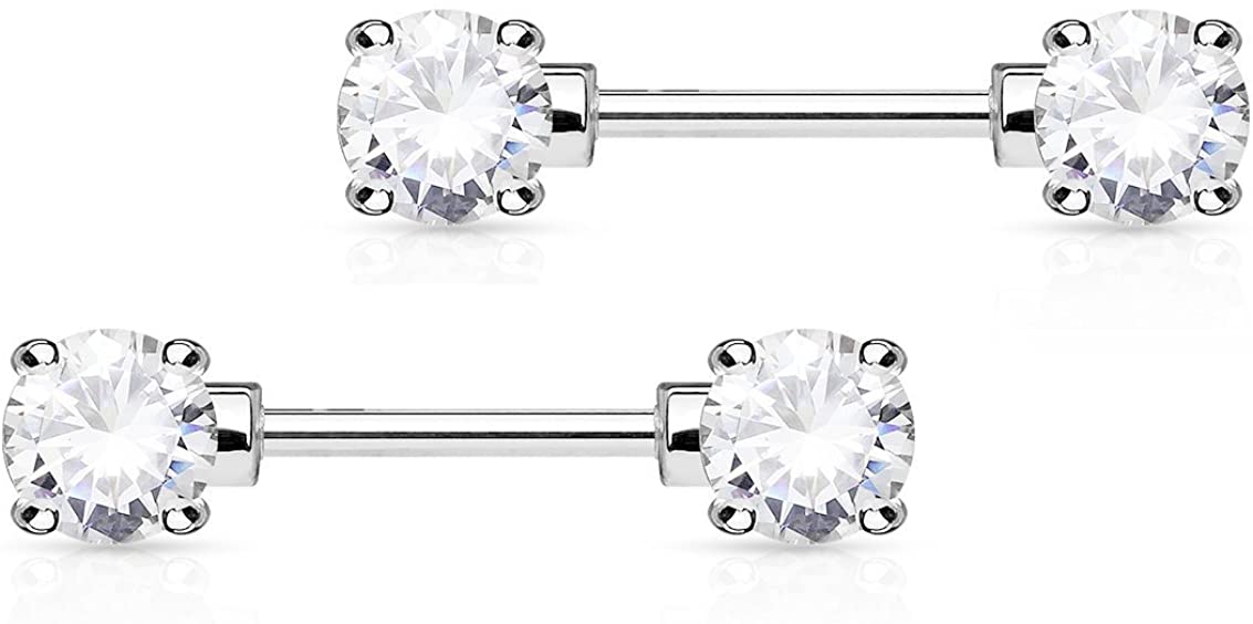 Forbidden Body Jewelry 14g 1/2 Inch (12mm) Surgical Steel & Gold Plated CZ Crystal Front Facing Gemmed Nipple Ring Barbell Set