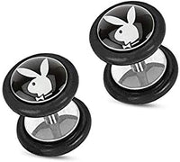 Forbidden Body Jewelry 16g Surgical Steel Playboy Logo Epoxy Inlay Cheater Plug Earrings (Pick Style)