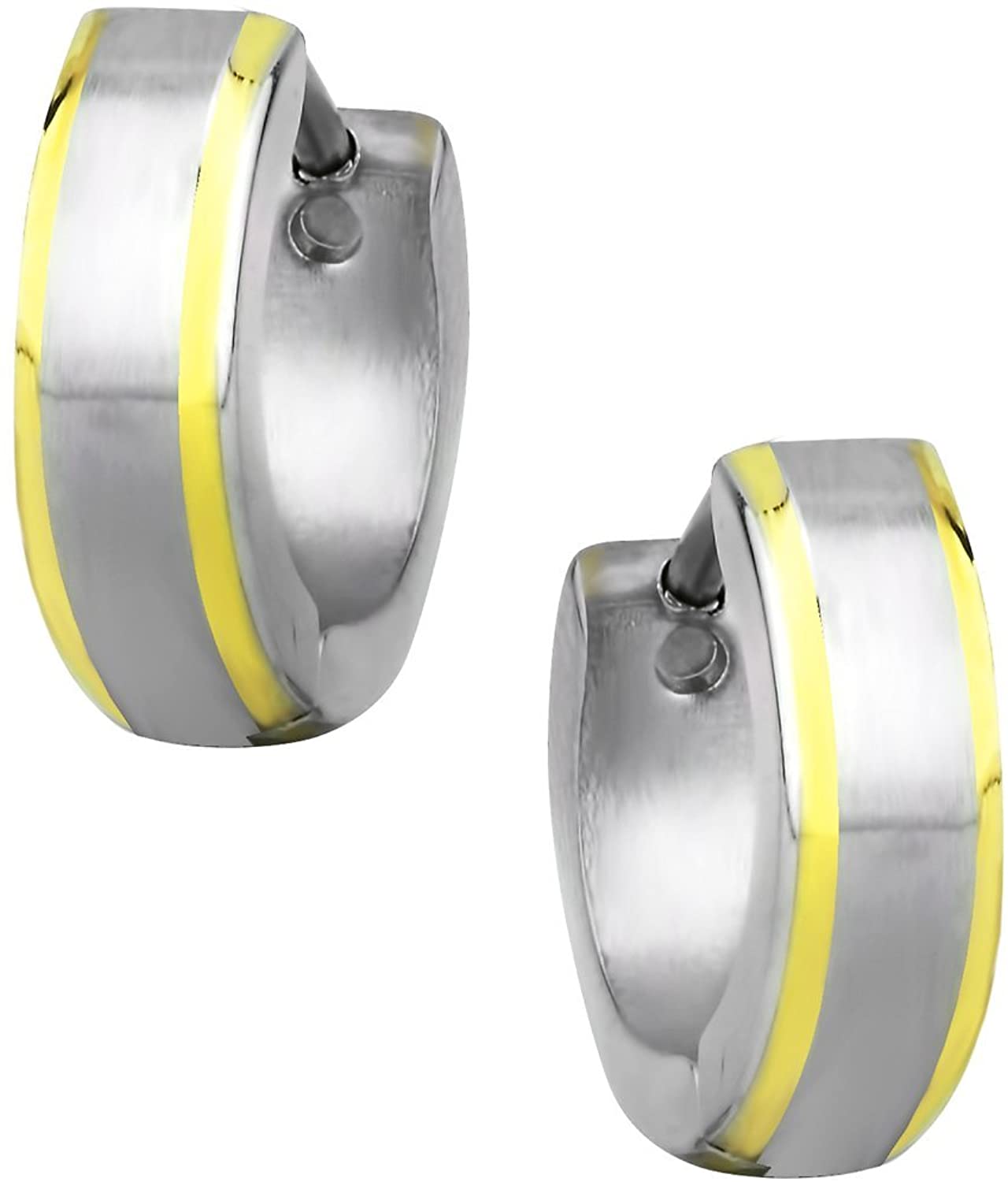 Gold Plated Stainless Steel Two Tone Brushed Center Beveled Edge Huggie Hoop Earrings for Men