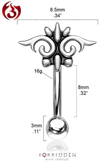 Forbidden Body Jewelry 16g 8mm Surgical Steel Curved Barbell for Daith, Eyebrow, Rook & Belly Button with Tribal Top