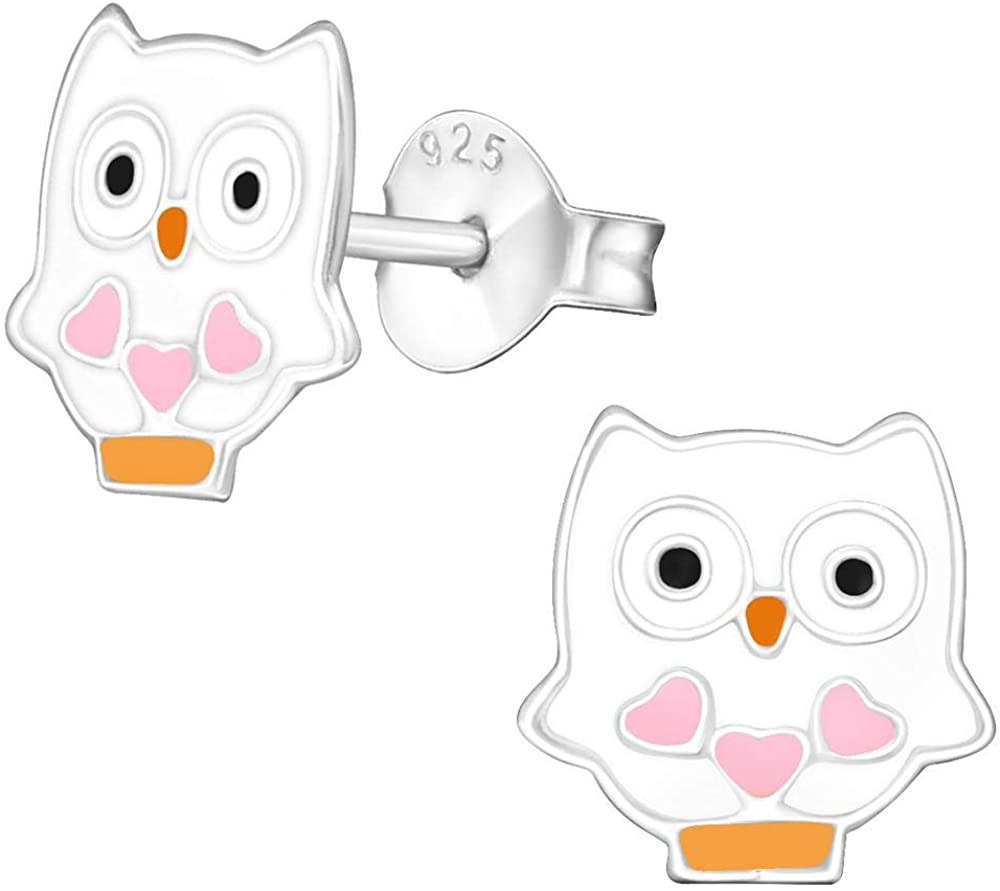 Hypoallergenic Sterling Silver Owl with Hearts Stud Earrings for Kids (Nickel Free)