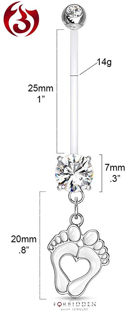 Forbidden Body Jewelry 14G 1" Pregnancy Bioflex Adjustable & Flexible Dangle Baby Feet CZ Maternity Belly Button Ring