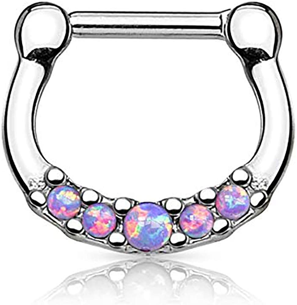 Forbidden Body Jewelry 16g Surgical Steel Bezel Set Opalite Septum Piercing Clicker Hoop Ring