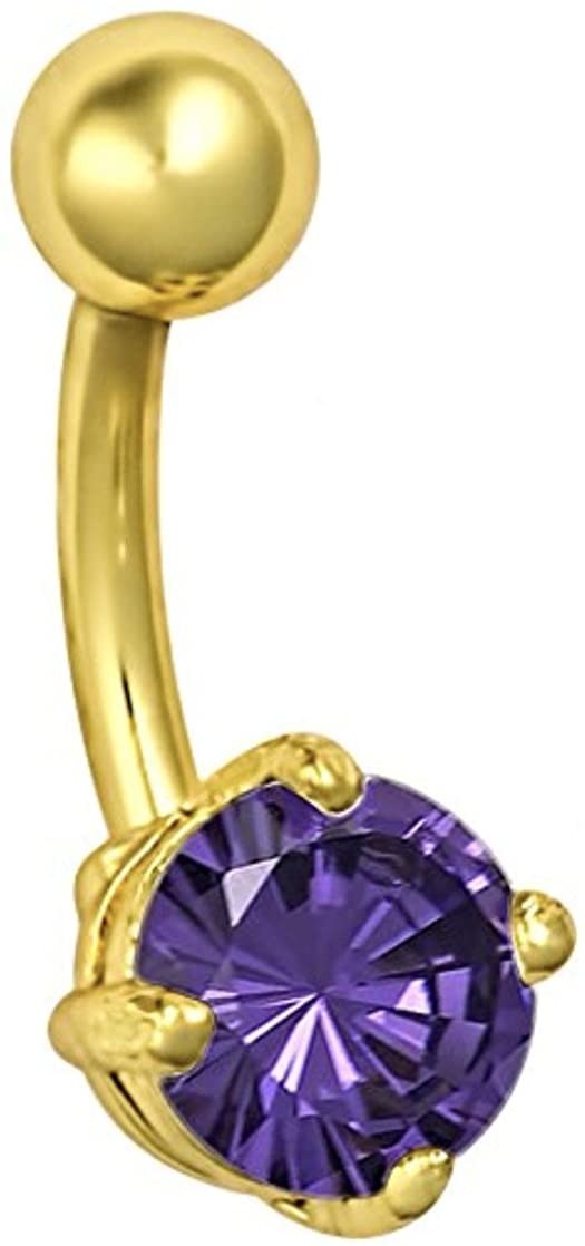 Forbidden Body Jewelry 14kt Gold Plated Surgical Steel Purple CZ Solitaire Belly Button Ring