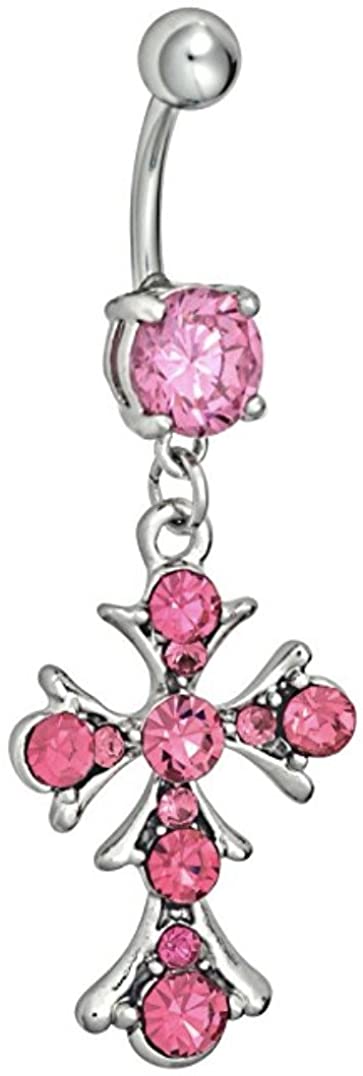 Surgical Steel Pink Jeweled Vintage Crystal Cross Dangle Belly Button Ring