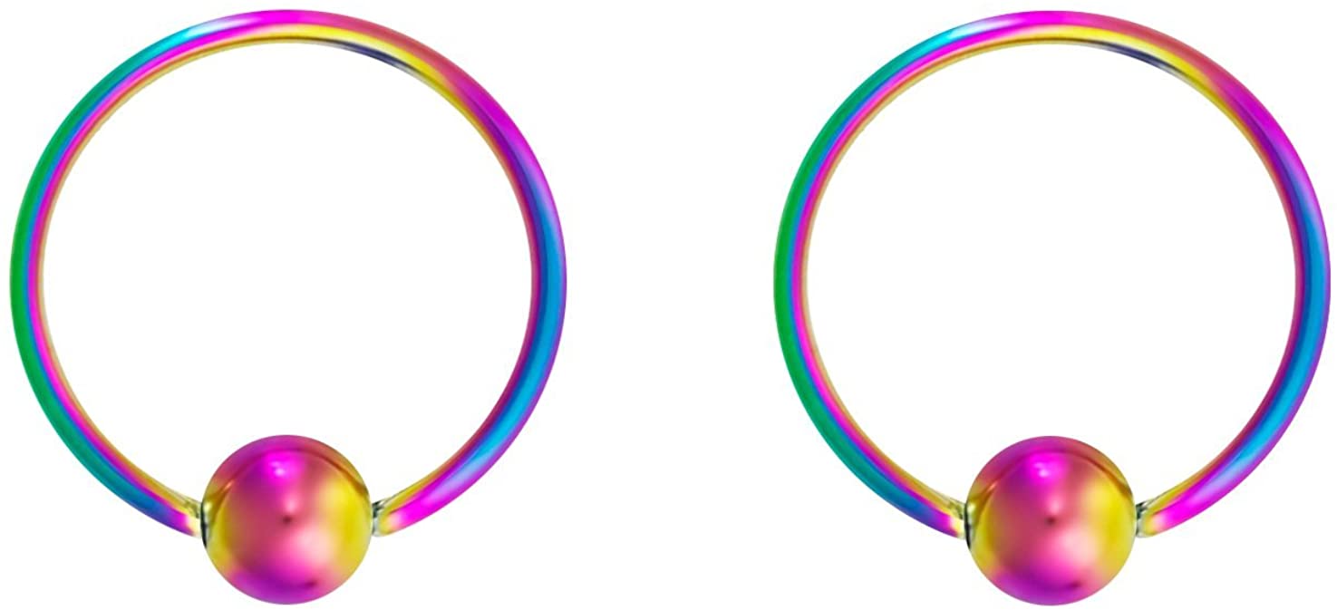 Pair 10g-20g Black/Rainbow Surgical Steel Captive Bead Body Piercing Hoops (Select Color/Gauge/Diameter)