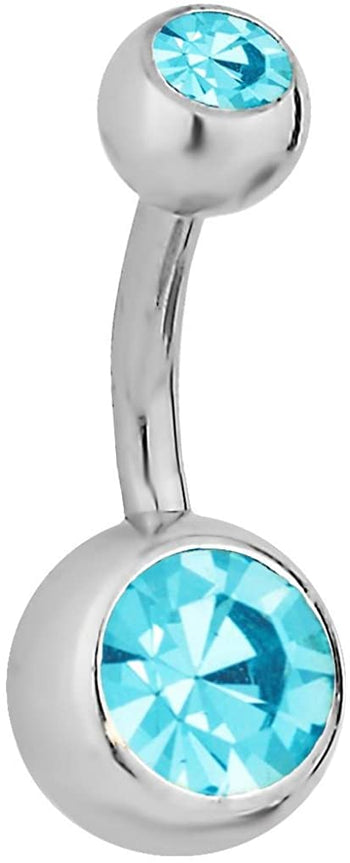 Forbidden Body Jewelry Short 8mm Surgical Steel CZ Crystal Aqua Blue Belly Button Ring