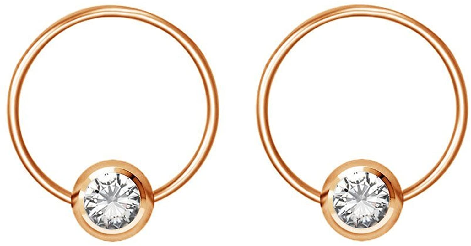 Pair 14g-20g Gold & Rose Gold Tone Surgical Steel CZ Gemmed Captive Bead Body Piercing Hoops (2pcs)