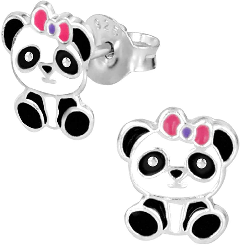 Hypoallergenic Sterling Silver Baby Panda with Bow Stud Earrings for Girls (Pink/Purple)