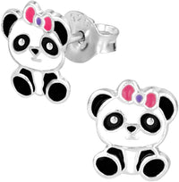 Hypoallergenic Sterling Silver Baby Panda with Bow Stud Earrings for Girls (Pink/Purple)