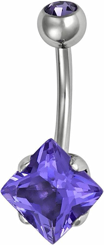 Forbidden Body Jewelry Surgical Steel Prong Set Square Purple CZ Crystal Belly Button Ring