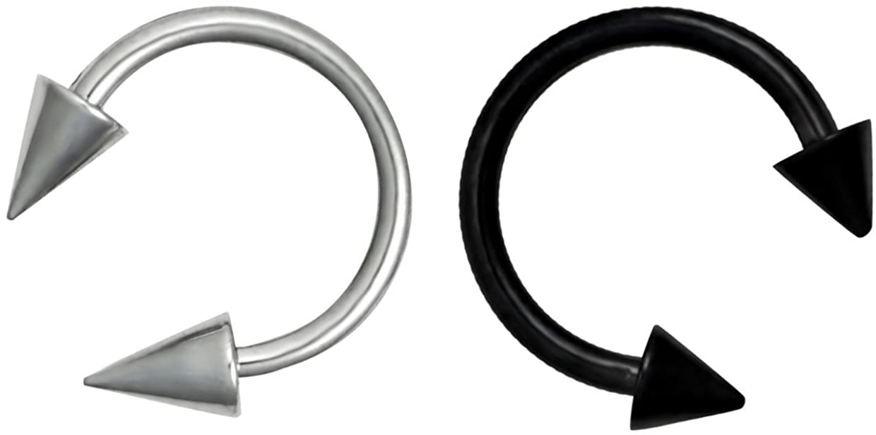 Forbidden Body Jewelry 16g Septum Rings Set of 2: 16 Gauge 8mm Surgical Steel Spike Horseshoe Rings, Black & Steel