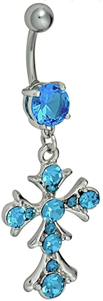 Forbidden Body Jewelry Surgical Steel Light Blue Jeweled Vintage Crystal Cross Dangle Belly Button Ring