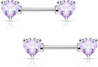 Forbidden Body Jewelry Pair of Surgical Steel 1/2-5/8 Inch (12-16mm) Cubic Zirconia Crystal Double Heart Nipple Barbells