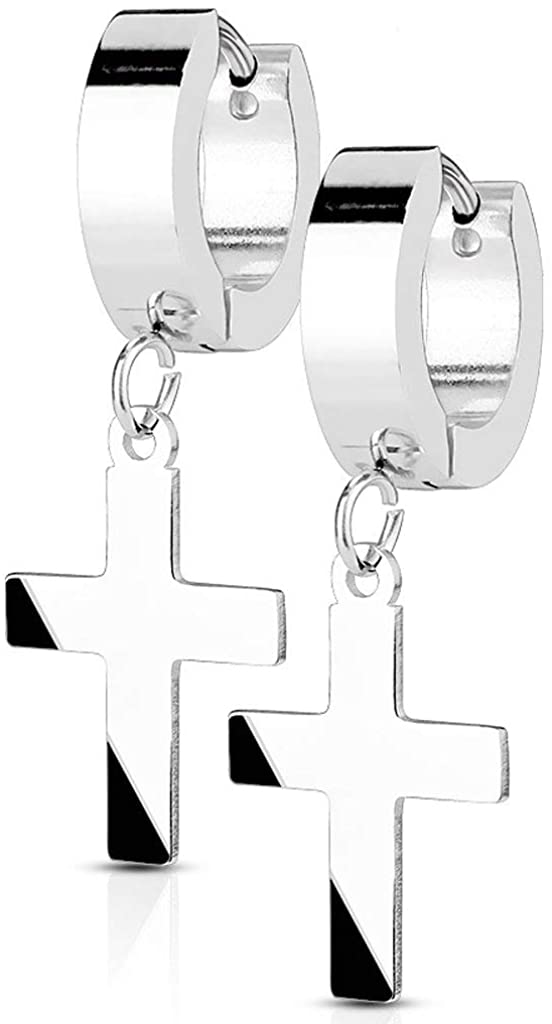 316L Surgical Steel Hinged Dangle Cross Hoop Earrings