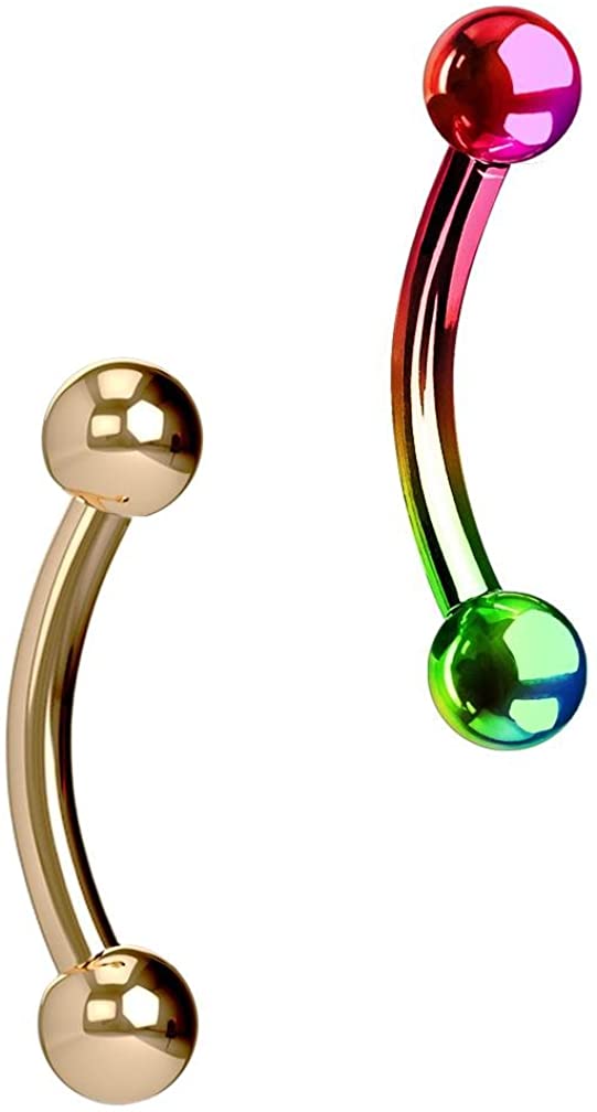 Forbidden Body Jewelry Set of 2 Petite Belly Rings: 14g 5/16 Inch Surgical Steel Curved Rainbow & Plain Barbells, 3mm Balls