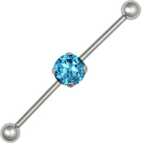 Forbidden Body Jewelry 14g Surgical Steel 38mm (1.5 Inch) Aqua Blue Solitaire CZ Crystal Industrial Barbell, 5mm Balls