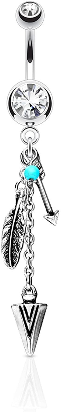 Forbidden Body Jewelry Surgical Steel Tribal Feather and Arrow Charms Synthetic Turquoise Dangle Belly Ring