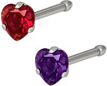 Forbidden Body Jewelry Set of 2 Straight Nose Studs: 20g Surgical Steel Red & Purple Heart Shaped CZ Crystal Nose Rings