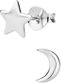 Hypoallergenic Sterling Silver Mismatched Moon & Star Stud Earrings for Kids (Nickel Free)