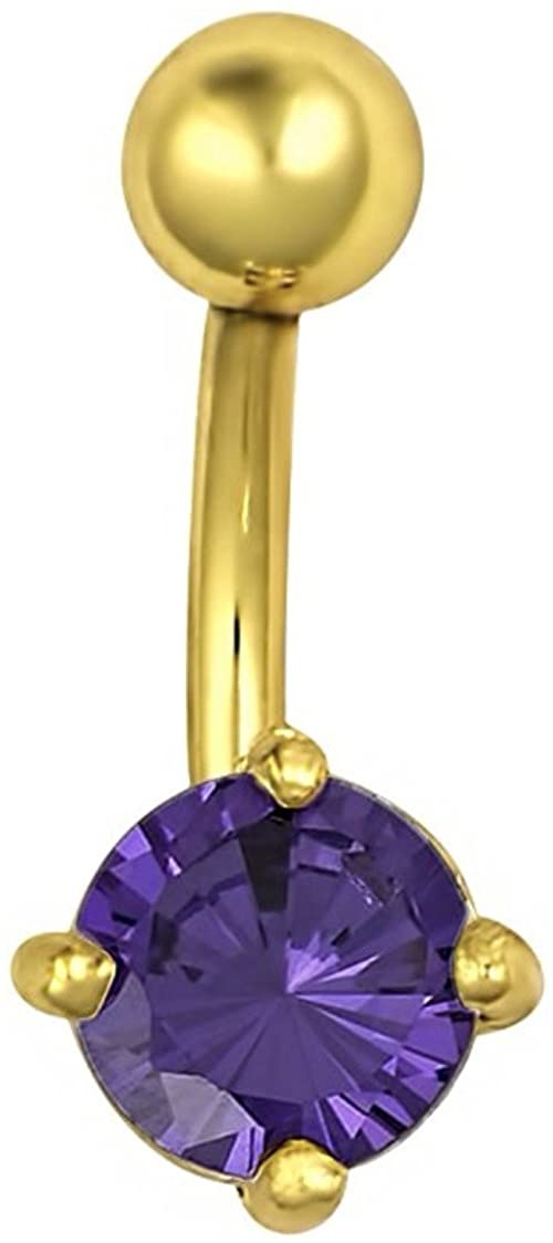 Forbidden Body Jewelry 14kt Gold Plated Surgical Steel Purple CZ Solitaire Belly Button Ring