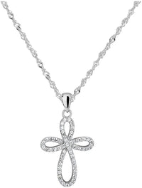 Sterling Silver CZ Simulated Diamond Round Cross 18" Singapore Chain Pendant Necklace