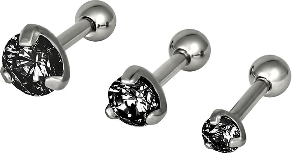 Forbidden Body Jewelry Set of 3 Sizes Cartilage Stud Earrings: 16g Surgical Steel 1/4" (6 mm) Black Round Crystal Top Studs (3 mm, 4 mm and 5 mm)