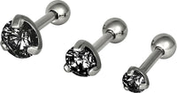 Forbidden Body Jewelry Set of 3 Sizes Cartilage Stud Earrings: 16g Surgical Steel 1/4" (6 mm) Black Round Crystal Top Studs (3 mm, 4 mm and 5 mm)