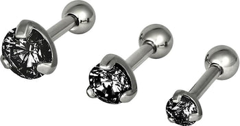 Forbidden Body Jewelry Set of 3 Sizes Cartilage Stud Earrings: 16g Surgical Steel 1/4 (6 mm) Black Round Crystal Top Studs (3 mm, 4 mm and 5 mm)