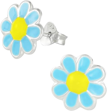 Hypoallergenic Sterling Silver Blue & Yellow Daisy Flower Stud Earrings for Kids (Nickel Free)