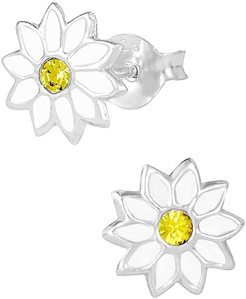 Hypoallergenic Sterling Silver White Jeweled Sun Flower Stud Earrings for Kids (Nickel Free)