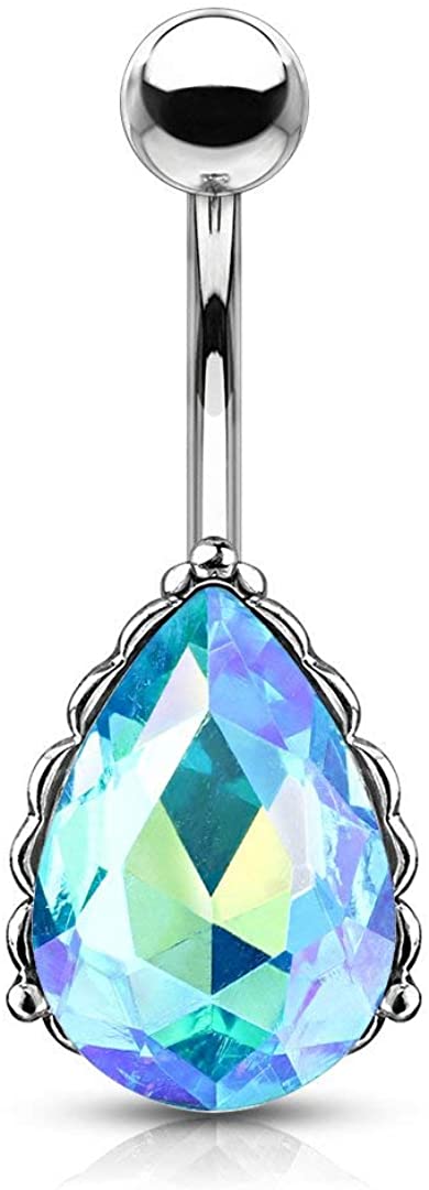 Forbidden Body Jewelry Surgical Steel Belly Ring with Iridescent AB Effect Tear Drop Crystal