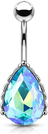 Forbidden Body Jewelry Surgical Steel Belly Ring with Iridescent AB Effect Tear Drop Crystal