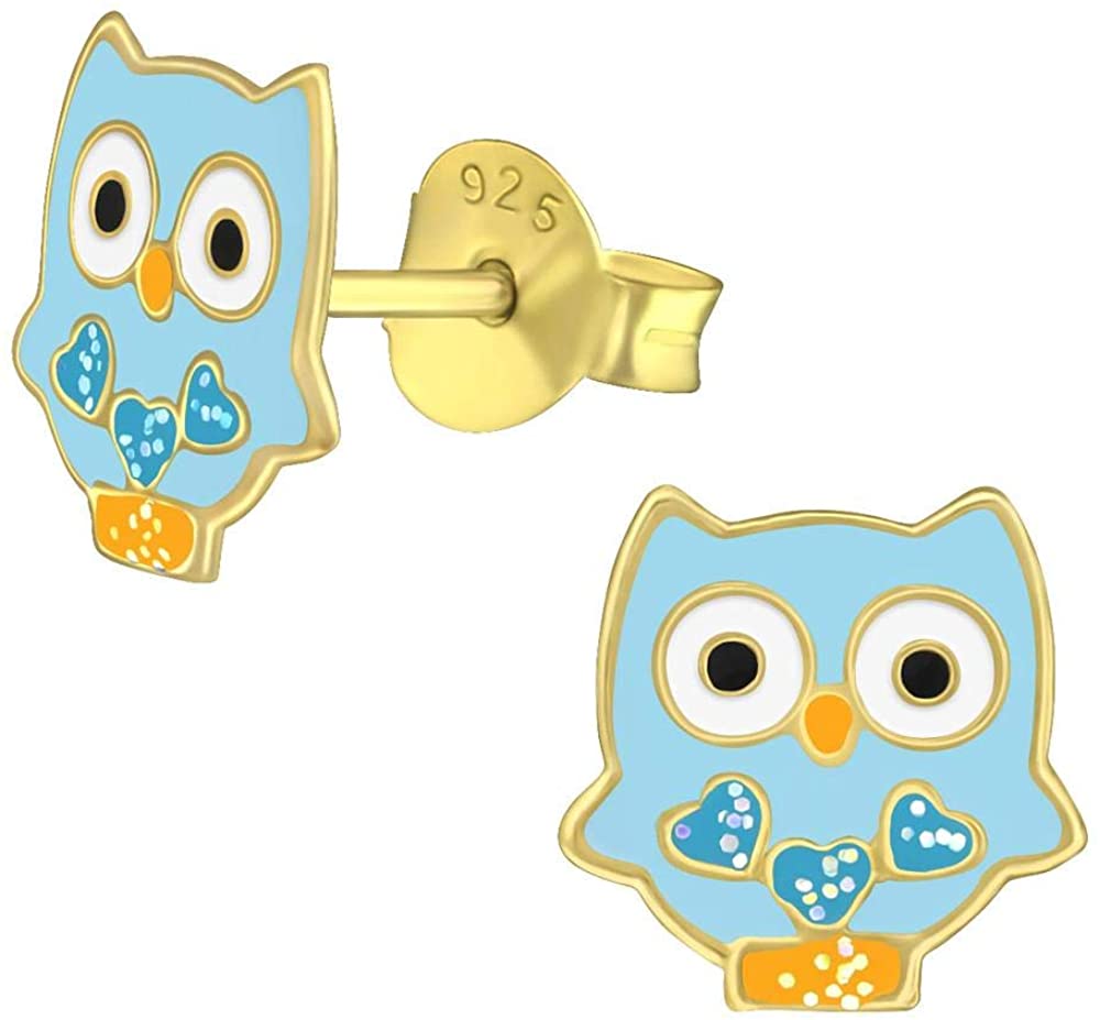 Hypoallergenic Sterling Silver Owl with Hearts Stud Earrings for Kids (Nickel Free)