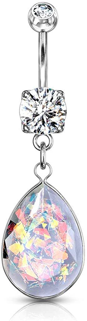 Forbidden Body Jewelry Surgical Steel CZ Dangle Belly Button Ring with Teardrop Rainbow Glitter Opalite