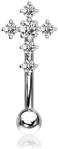 Forbidden Body Jewelry 16g 8mm Surgical Steel Curved Barbell for Daith, Eyebrow, Rook & Belly Button with CZ Cross Top