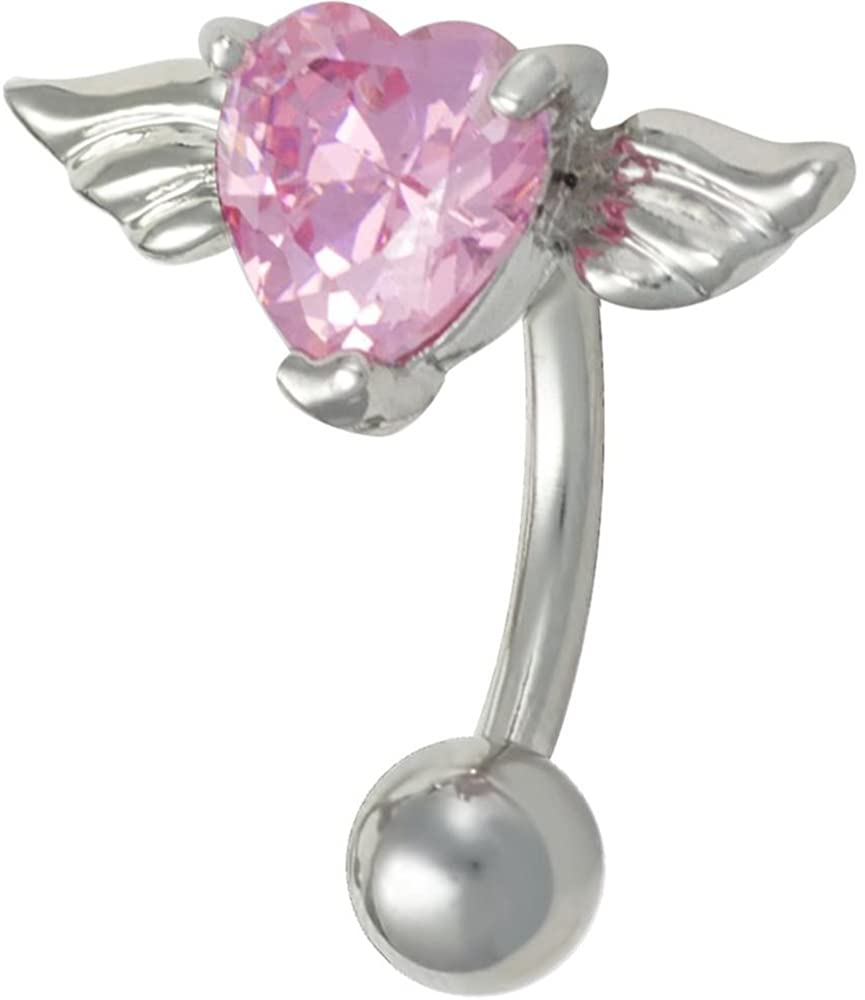 Surgical Steel Reverse Mount Pink Jeweled Heart Angel Wings Belly Button Ring