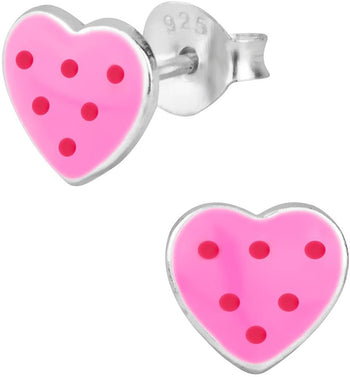 Hypoallergenic Sterling Silver Pink Heart with Red Polka Dots Stud Earrings for Kids (Nickel Free)