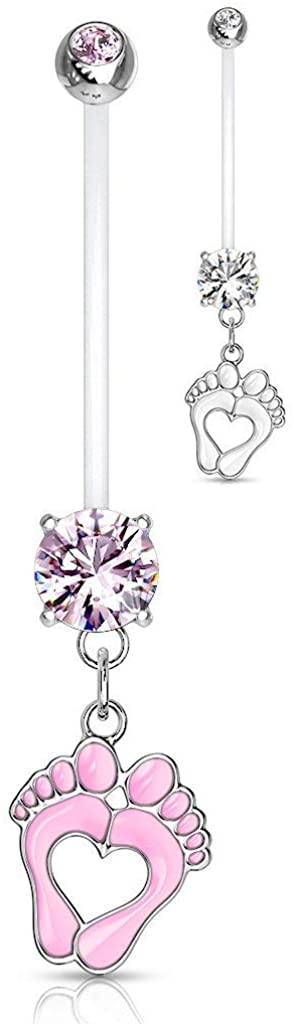 Forbidden Body Jewelry 14G 1" Pregnancy Bioflex Adjustable & Flexible Dangle Baby Feet CZ Maternity Belly Button Ring