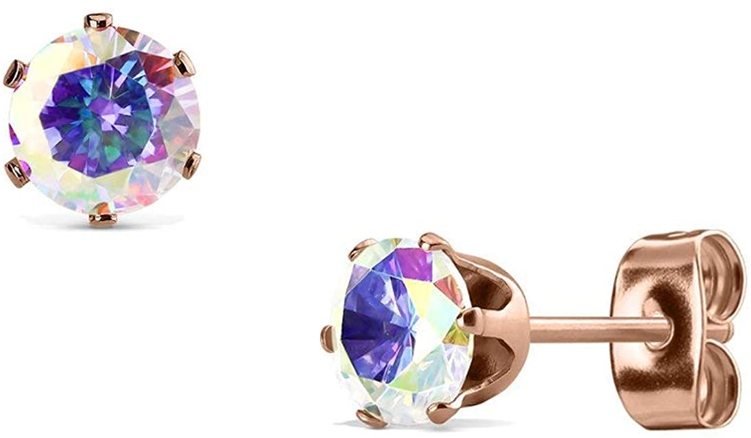 Rose Gold Plated Surgical Steel CZ Simulated Diamond Stud Earrings, 3mm-8mm