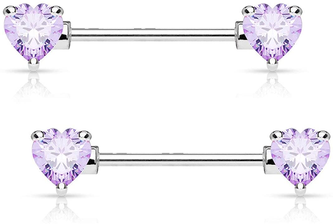 Forbidden Body Jewelry Pair of Surgical Steel 1/2-5/8 Inch (12-16mm) Cubic Zirconia Crystal Double Heart Nipple Barbells