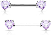 Forbidden Body Jewelry Pair of Surgical Steel 1/2-5/8 Inch (12-16mm) Cubic Zirconia Crystal Double Heart Nipple Barbells