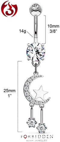 Forbidden Body Jewelry Pave CZ Crescent Moon and Star Surgical Steel Dangle Belly Button Ring