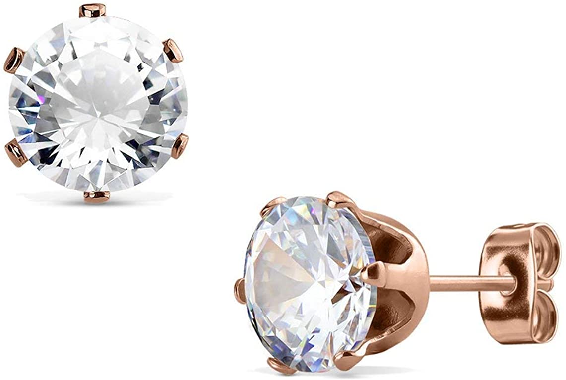 Rose Gold Plated Surgical Steel CZ Simulated Diamond Stud Earrings, 3mm-8mm